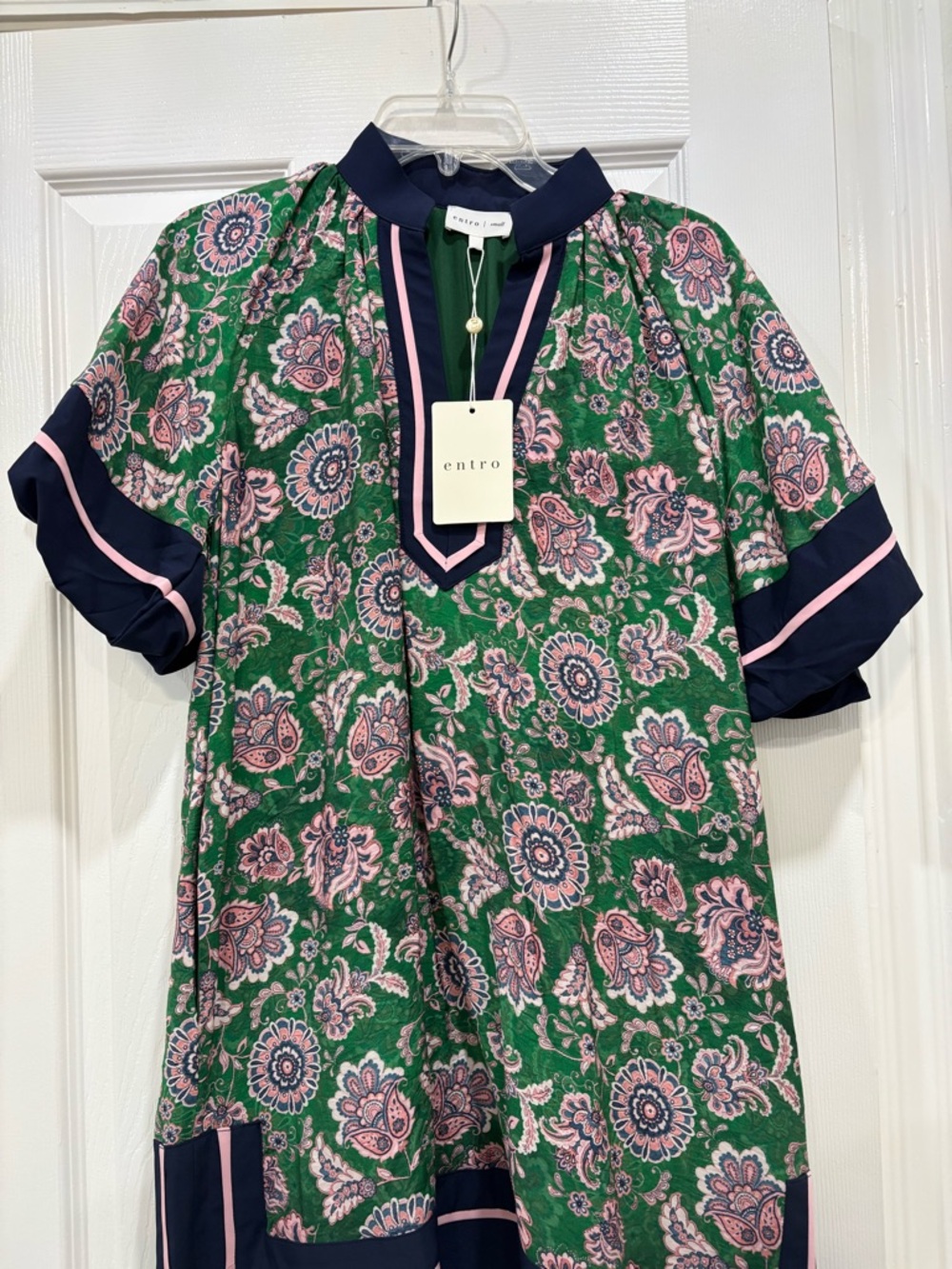 entro Green Floral Short Sleeve Blouse with Navy & Pink Trim